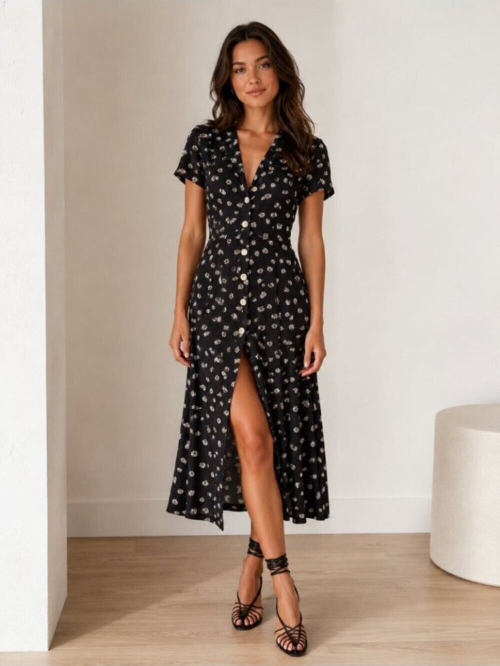 Aritzia Wilfred Button Front Shirt Midi Dress Black Floral Daisy Print XS